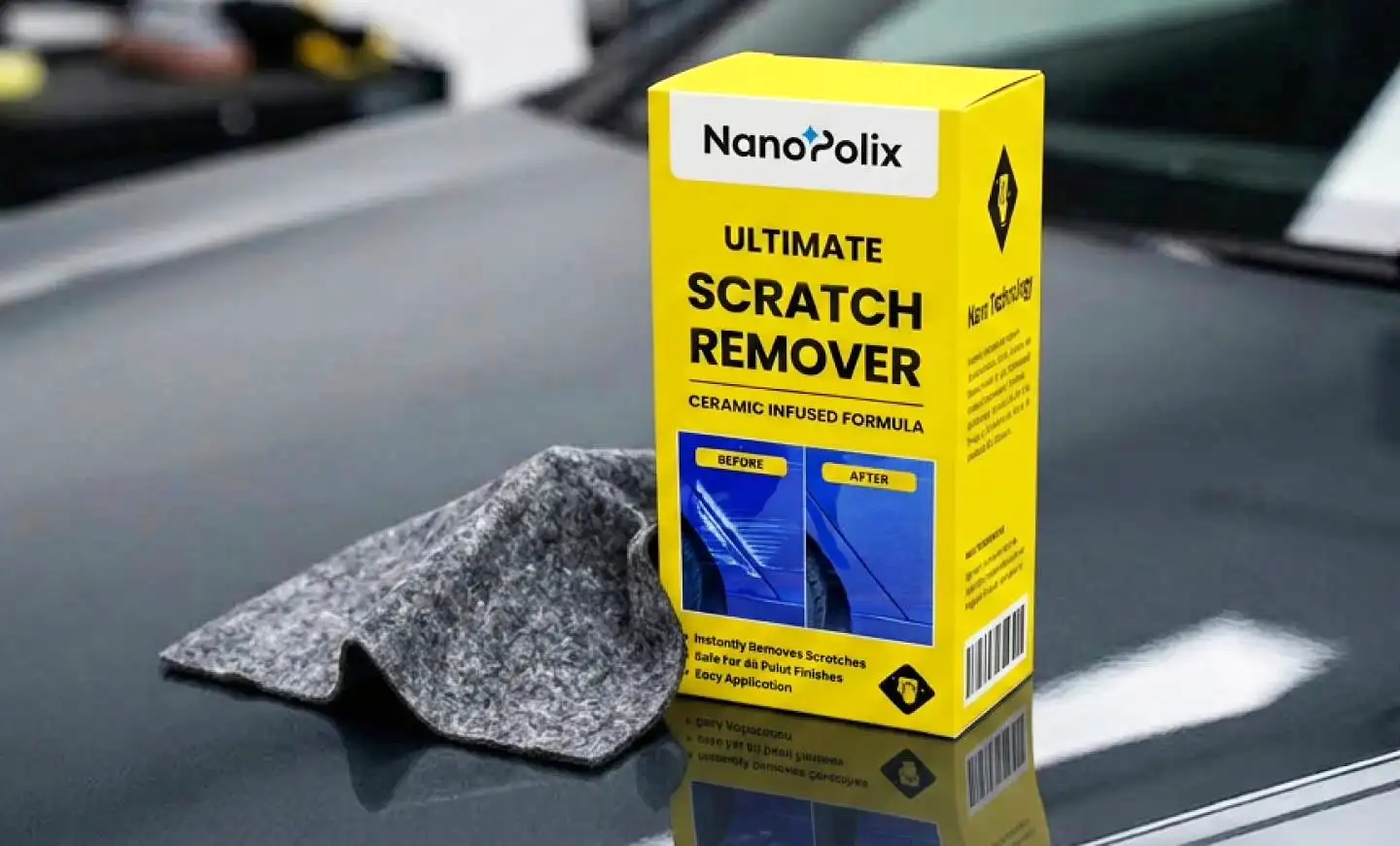 Yellow NanoPolix scratch remover package and gray treatment cloth on a car hood